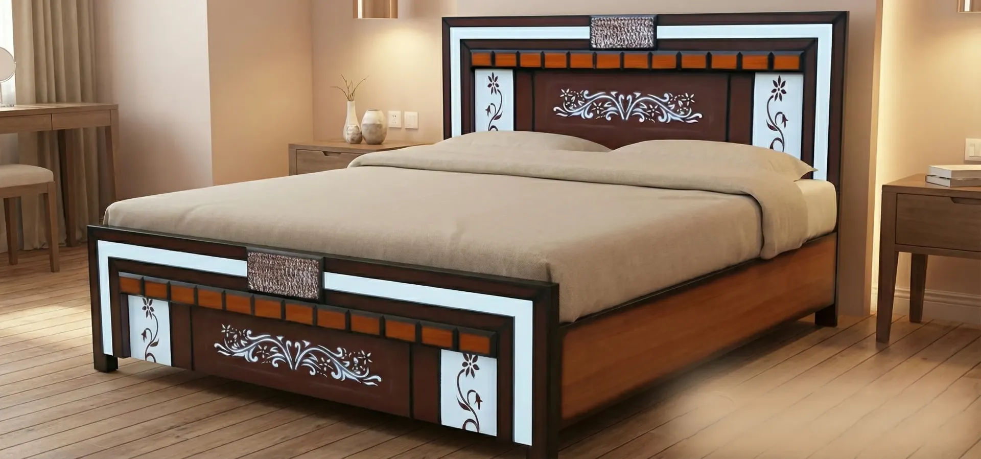 Brass Inlay Wooden Bed (CB)